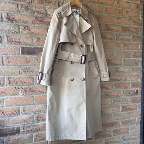 ZARA | Tan & brown double button down size small Nwt classic trench coat jacket - Picture 2 of 5